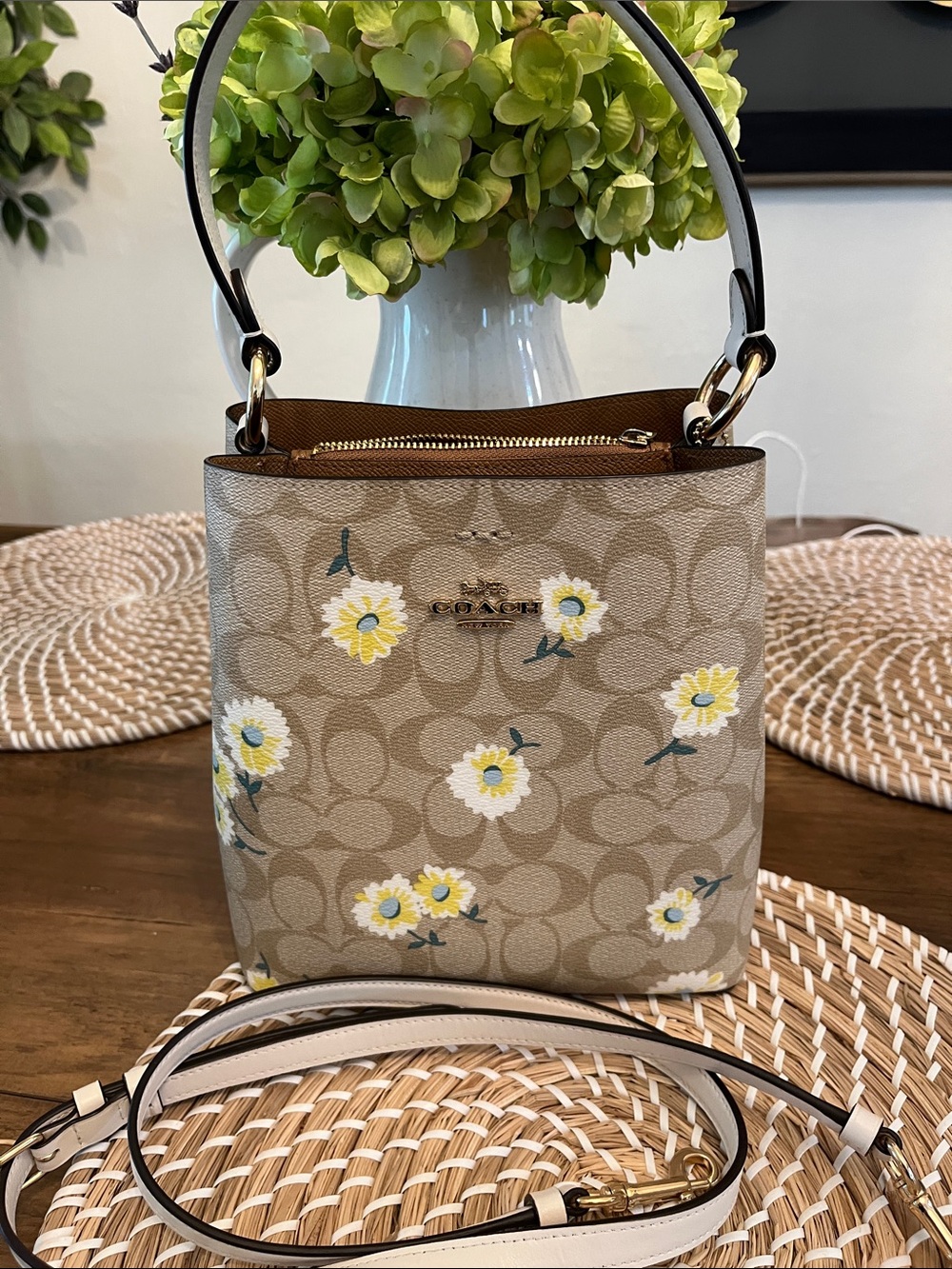 Coach Floral Signature Crossbody - Beige with Yellow & White Flowers